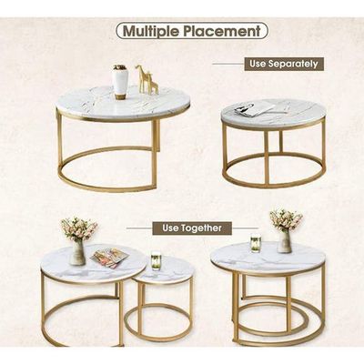Wooden Twist Modern Designer Marble Top Metal Frame Round Coffee Table (Set of 2)