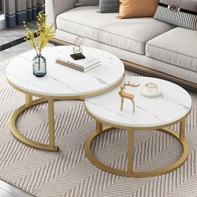 Wooden Twist Modern Designer Marble Top Metal Frame Round Coffee Table (Set of 2)