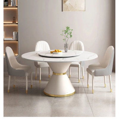 Round Marble Dining Table with Lazy Susan for 6 People -130cm - White