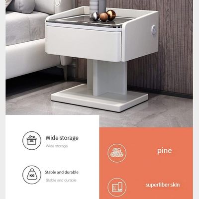 Smart Nightstand Bedside Table in One Drawer with LED Light, Wireless Charging, USB Ports - White