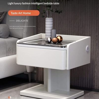Smart Nightstand Bedside Table in One Drawer with LED Light, Wireless Charging, USB Ports - Beige