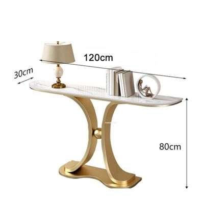 طاولة جانبية بسطح رخامي وقاعدة معدنية ذهبية مقاس 120 سم.