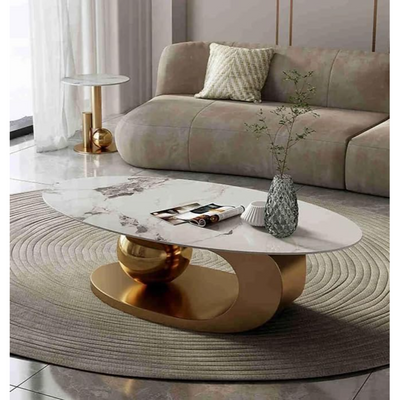 Set of Two Luxury European's Style Round Oval Coffee Table in Marble Top - 40H cm * 130L cm * 70D cm - Gold