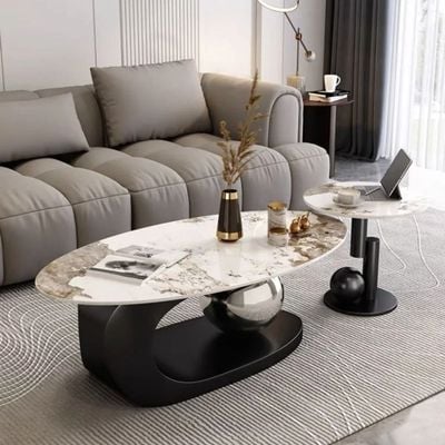 Set of Two Luxury European's Style Round Oval Coffee Table in Marble Top - 40H cm * 130L cm * 70D cm - Black