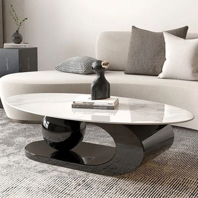 Set of Two Luxury European's Style Round Oval Coffee Table in Marble Top - 40H cm * 130L cm * 70D cm - Black