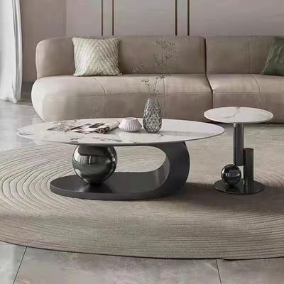 Set of Two Luxury European's Style Round Oval Coffee Table in Marble Top - 40H cm * 130L cm * 70D cm - Black