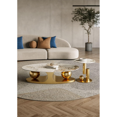 Set of Two Luxury European's Style Round Oval Coffee Table in Marble Top - Gold