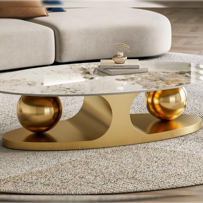 Set of Two Luxury European's Style Round Oval Coffee Table in Marble Top - Gold