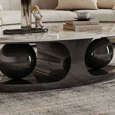 Set of Two Luxury European's Style Round Oval Coffee Table in Marble Top  - Black