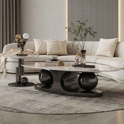 Set of Two Luxury European's Style Round Oval Coffee Table in Marble Top  - Black