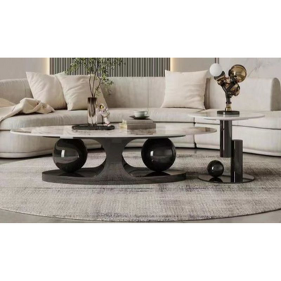 Set of Two Luxury European's Style Round Oval Coffee Table in Marble Top  - Black