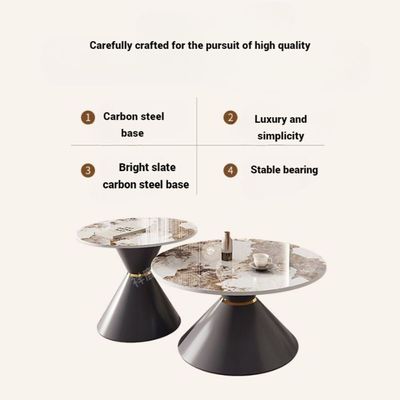 Set of Two Round Coffee Tables Sintered Stone Countertop Metal Base.