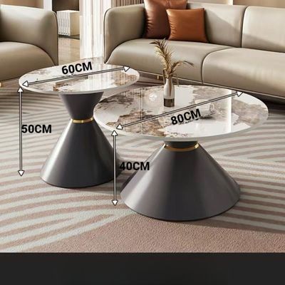 Set of Two Round Coffee Tables Sintered Stone Countertop Metal Base.