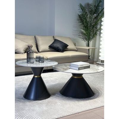 Set of Two Round Coffee Tables Sintered Stone Countertop Metal Base.