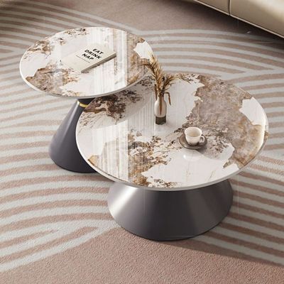 Set of Two Round Coffee Tables Sintered Stone Countertop Metal Base.