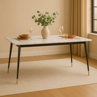 Villoso Modern Rectangular Marble Top 6 Seater Dining Table Set with Black Iron Legs and Gold Corner ( Yellow )
