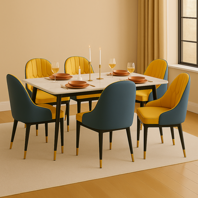 Villoso Modern Rectangular Marble Top 6 Seater Dining Table Set with Black Iron Legs and Gold Corner ( Yellow )