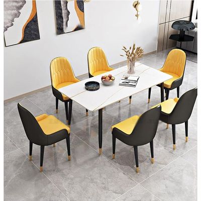 Wooden Twist Villoso Modern Rectangular Marble Top 6 Seater Dining Table Set with Black Iron Legs and Gold Corner ( Yellow )