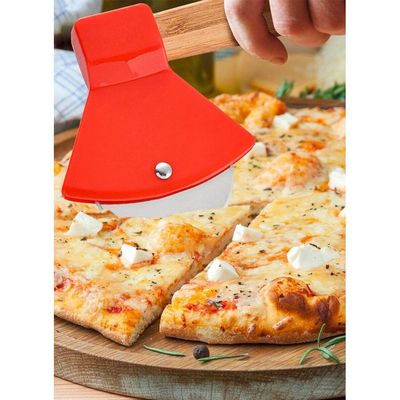 Axe Pizza Cutter with Bamboo Handle, Sharp Steel Rotating Blade