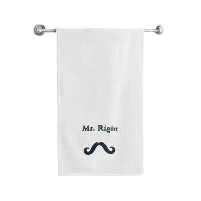 Iris Embroidered For You Bath Towel (70 x 140 Cm) White Mr. Right Black Thread 100% Cotton - (Set of 1) 600 Gsm