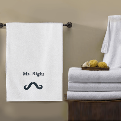 Iris Embroidered For You Bath Towel (70 x 140 Cm) White Mr. Right Black Thread 100% Cotton - (Set of 1) 600 Gsm