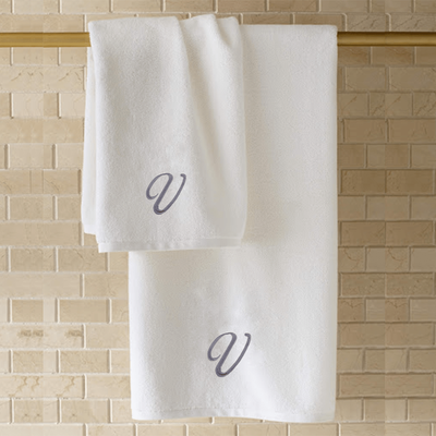 Iris Embroidered For You Bath Towel (70 x 140 Cm) White Letter "V" Silver Thread Ballantines Font 100% Cotton - (Set of 1) 600 Gsm