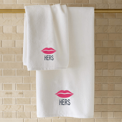 Iris Embroidered For You Bath Towel (70 x 140 Cm) White Her Lips Pink Thread 100% Cotton - (Set of 1) 600 Gsm