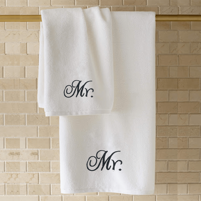 Iris Embroidered For You Bath Towel (70 x 140 Cm) White Mr. Black Thread 100% Cotton - (Set of 1) 600 Gsm