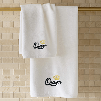 منشفة حمام  قزحية مطرزة لك (70 × 140 سم) أبيض الملكة خيط أسود 100% قطن - (مجموعة من 1) 600 جرام لكل متر مربع