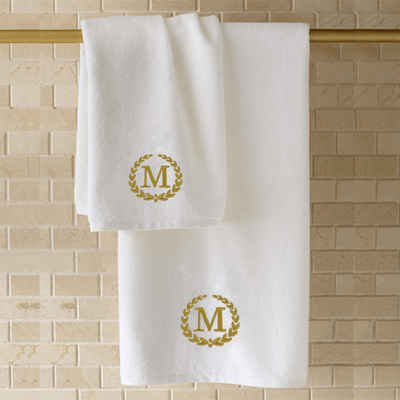 Iris Embroidered For You Bath Towel (70 x 140 Cm) White Letter "M" Gold Thread Ballantines Font 100% Cotton - (Set of 1) 600 Gsm