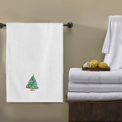 منشفة حمام  قزحية مطرزة لك (70 × 140 سم) بيضاء شجرة عيد الميلاد بخيط بني 100% قطن - (مجموعة من 1) 600 جرام لكل متر مربع