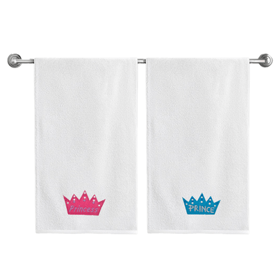 Iris Embroidered For You Bath Towel (70 x 140 Cm) White Princess & Prince Blue-Pink Thread 100% Cotton - (Set of 2) 600 Gsm