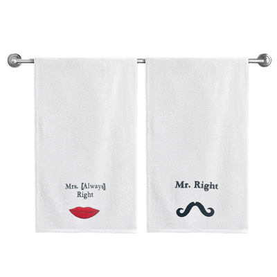 Iris Embroidered For You Bath Towel (70 x 140 Cm) White Mrs. Always Right & Mr. Right Black-Red Thread 100% Cotton - (Set of 2) 600 Gsm