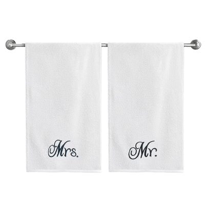 Iris Embroidered For You Bath Towel (70 x 140 Cm) White Mrs. & Mr. Black Thread 100% Cotton - (Set of 2) 600 Gsm
