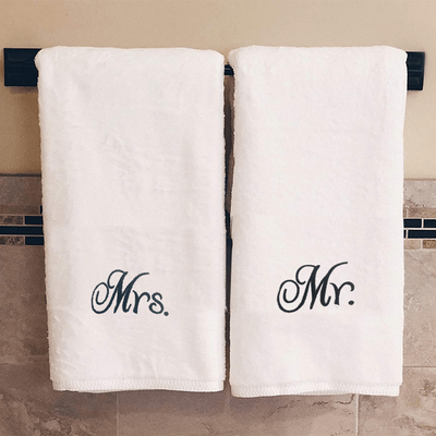 Iris Embroidered For You Bath Towel (70 x 140 Cm) White Mrs. & Mr. Black Thread 100% Cotton - (Set of 2) 600 Gsm