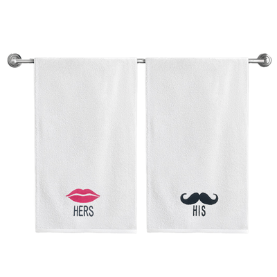 Iris Embroidered For You Bath Towel (70 x 140 Cm) White Her Lips & His Mustache Black-Pink Thread 100% Cotton - (Set of 2) 600 Gsm