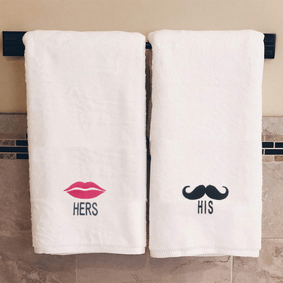 Iris Embroidered For You Bath Towel (70 x 140 Cm) White Her Lips & His Mustache Black-Pink Thread 100% Cotton - (Set of 2) 600 Gsm
