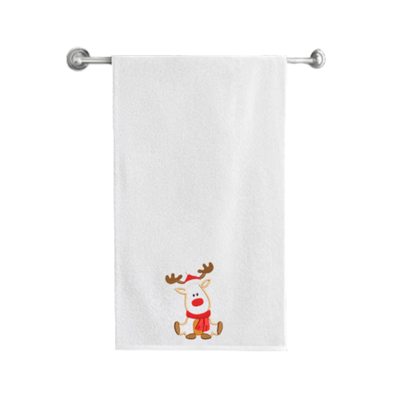 Iris Embroidered For You Bath Towel (70 x 140 Cm) White Reindeer with Christmas Cap and Scarf 100% Cotton - (Set of 1) 600 Gsm