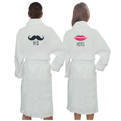 Iris Embroidered For You Bathrobe White (100% Cotton) His Moustache & Her Lips - Set of 2 (400 Gsm)