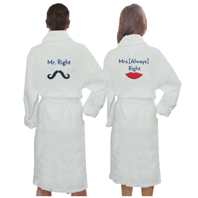 Iris Embroidered For You Bathrobe White (100% Cotton) Mr. Right & Mrs. Always Right - Set of 2 (400 Gsm)