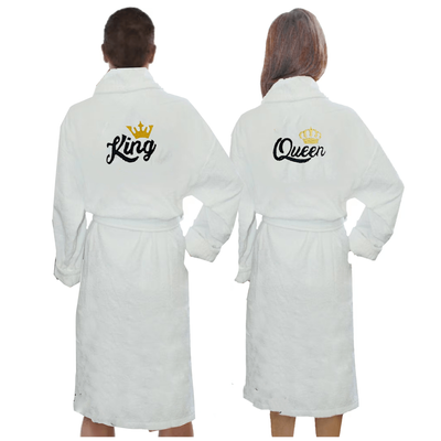 Iris Embroidered For You Bathrobe White (100% Cotton) King & Queen - Set of 2 (400 Gsm)