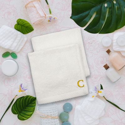 Embroidered For You (White) Monogrammed Face Towel (33 x 33 Cm - Set of 6) 100% Cotton, Absorbent and Quick dry, High Quality Bath Linen- 600 Gsm Golden Thread Letter "C"