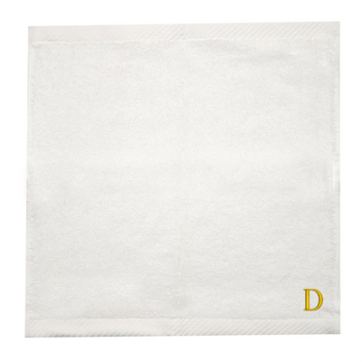 منشفة وجه مطرزة لك (أبيض) من  (33 × 33 سم - مجموعة من 6) 100% قطن، ماصة وسريعة الجفاف، كتان حمام عالي الجودة - 600 جرامًا للمتر المربع حرف "D" بخيط ذهبي