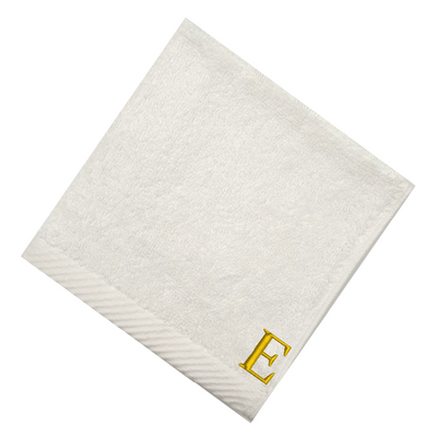 منشفة وجه مطرزة لك (أبيض) من  (33 × 33 سم - مجموعة من 6) 100% قطن، ماصة وسريعة الجفاف، كتان حمام عالي الجودة - 600 جرامًا للمتر المربع حرف "E" بخيط ذهبي