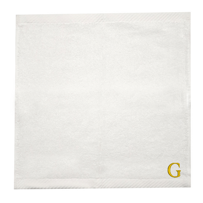 منشفة وجه مطرزة لك (أبيض) من  (33 × 33 سم - مجموعة من 6) 100% قطن، ماصة وسريعة الجفاف، كتان حمام عالي الجودة - 600 جرامًا للمتر المربع حرف "G" بخيط ذهبي