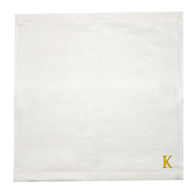 منشفة وجه مطرزة لك (أبيض) من  (33 × 33 سم - مجموعة من 6) 100% قطن، ماصة وسريعة الجفاف، كتان حمام عالي الجودة - 600 جرامًا للمتر المربع حرف "K" بخيط ذهبي