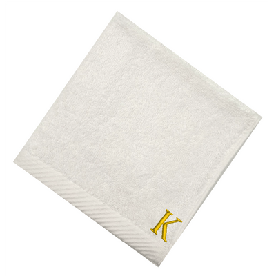 منشفة وجه مطرزة لك (أبيض) من  (33 × 33 سم - مجموعة من 6) 100% قطن، ماصة وسريعة الجفاف، كتان حمام عالي الجودة - 600 جرامًا للمتر المربع حرف "K" بخيط ذهبي