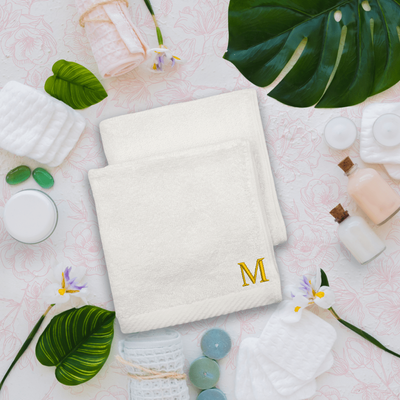 Embroidered For You (White) Monogrammed Face Towel (33 x 33 Cm - Set of 6) 100% Cotton, Absorbent and Quick dry, High Quality Bath Linen- 600 Gsm Golden Thread Letter "M"
