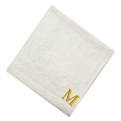 منشفة وجه مطرزة لك (أبيض) من  (33 × 33 سم - مجموعة من 6) 100% قطن، ماصة وسريعة الجفاف، كتان حمام عالي الجودة - 600 جرامًا للمتر المربع حرف "M" بخيط ذهبي