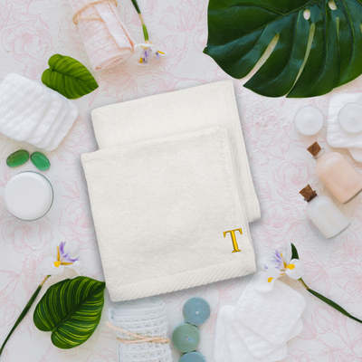 Embroidered For You (White) Monogrammed Face Towel (33 x 33 Cm - Set of 6) 100% Cotton, Absorbent and Quick dry, High Quality Bath Linen- 600 Gsm Golden Thread Letter "T"